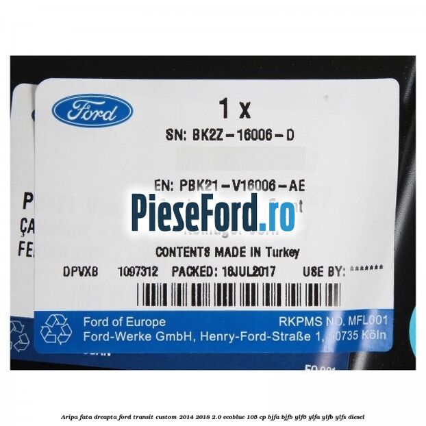 Aripa fata dreapta Ford Transit Custom 2014-2018 2.0 EcoBlue 105 cp BJFA, BJFB, YLF6, YLFA, YLFB, YLFS diesel