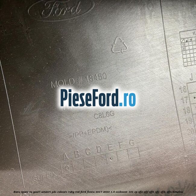 Bara spate cu gauri senzori PDC culoare ruby red Ford Fiesta 2017-2023 1.0 EcoBoost 101 cp SFJE, SFJF, SFJH, SFJJ, SFJK, SFJN benzina