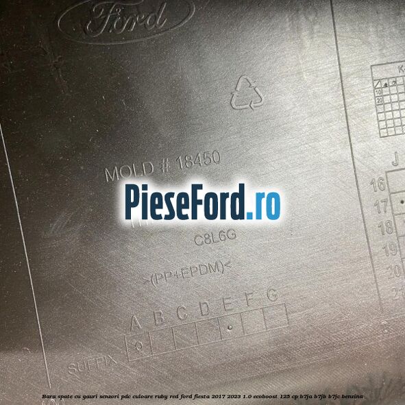 Bara spate cu gauri senzori PDC culoare ruby red Ford Fiesta 2017-2023 1.0 EcoBoost 125 cp B7JA, B7JB, B7JC benzina