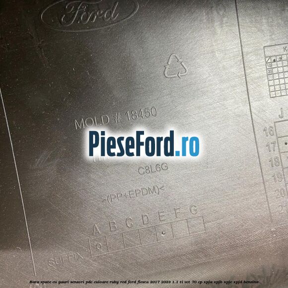 Bara spate cu gauri senzori PDC culoare ruby red Ford Fiesta 2017-2023 1.1 Ti-VCT 70 cp XPJA, XPJB, XPJC, XPJD benzina