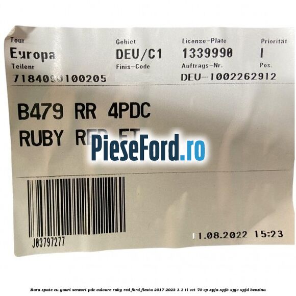 Bara spate cu gauri senzori PDC culoare ruby red Ford Fiesta 2017-2023 1.1 Ti-VCT 70 cp XPJA, XPJB, XPJC, XPJD benzina