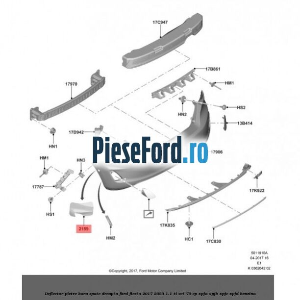 Deflector pietre bara spate dreapta Ford Fiesta 2017-2023 1.1 Ti-VCT 70 cp XPJA, XPJB, XPJC, XPJD benzina