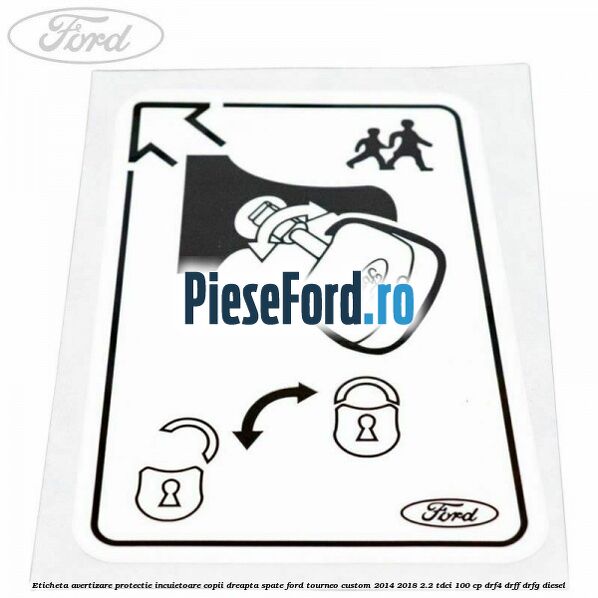 Eticheta avertizare protectie incuietoare copii dreapta spate Ford Tourneo Custom 2014-2018 2.2 TDCi 100 cp DRF4, DRFF, DRFG diesel