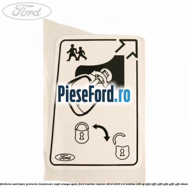 Eticheta avertizare protectie incuietoare copii stanga spate Ford Tourneo Custom 2014-2018 2.0 EcoBlue 105 cp BJFA, BJFB, YLF6, YLFA, YLFB, YLFS diesel
