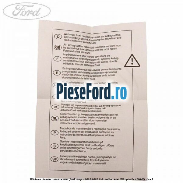 Eticheta dovada revizie service Ford Ranger 2019-2022 2.0 EcoBlue 4x4 170 cp BC2X, T20DD0J diesel