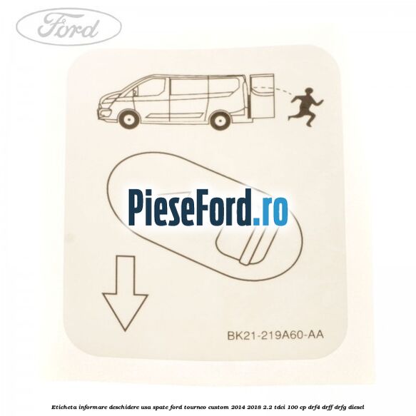 Eticheta informare deschidere usa spate Ford Tourneo Custom 2014-2018 2.2 TDCi 100 cp DRF4, DRFF, DRFG diesel
