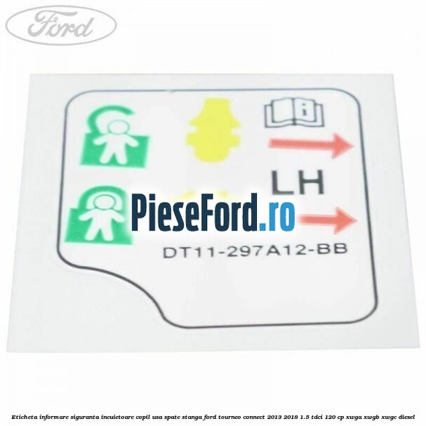 Eticheta informare siguranta incuietoare copil usa spate stanga Ford Tourneo Connect 2013-2018 1.5 TDCi 120 cp XWGA, XWGB, XWGC diesel