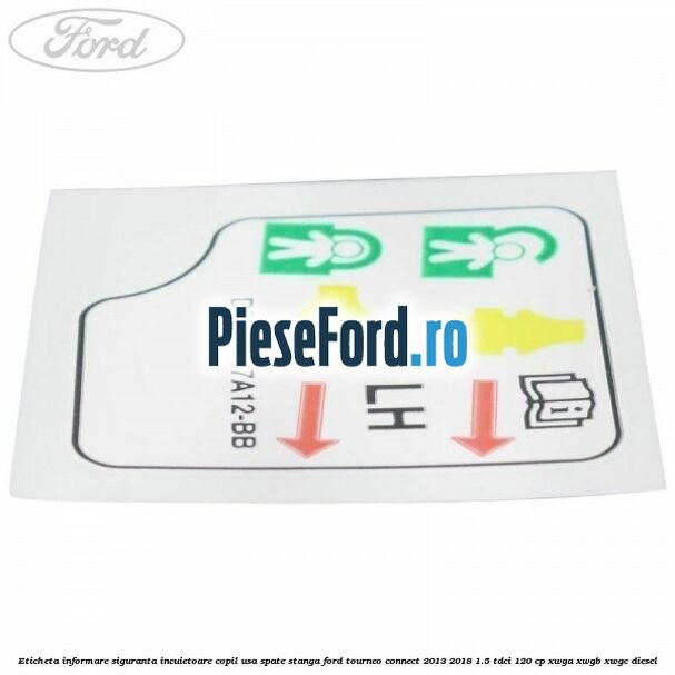 Eticheta informare siguranta incuietoare copil usa spate stanga Ford Tourneo Connect 2013-2018 1.5 TDCi 120 cp XWGA, XWGB, XWGC diesel