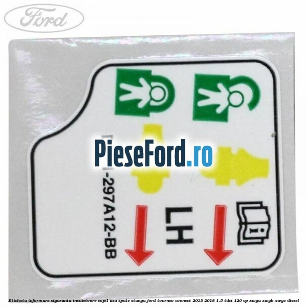 Eticheta informare siguranta incuietoare copil usa spate stanga Ford Tourneo Connect 2013-2018 1.5 TDCi 120 cp XWGA, XWGB, XWGC diesel