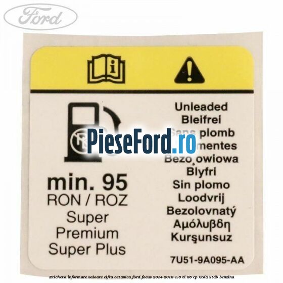 Eticheta informare valoare cifra octanica Ford Focus 2014-2018 1.6 Ti 85 cp XTDA, XTDB benzina
