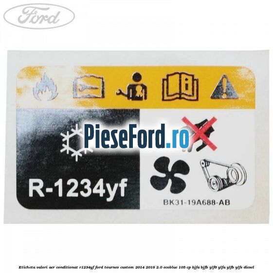 Eticheta valori aer conditionat R1234YF Ford Tourneo Custom 2014-2018 2.0 EcoBlue 105 cp BJFA, BJFB, YLF6, YLFA, YLFB, YLFS diesel