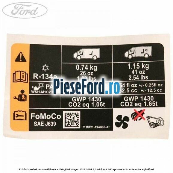 Eticheta valori aer conditionat R134A Ford Ranger 2012-2015 3.2 TDCi 4x4 200 cp Eticheta valori aer conditionat R134A Ford Ranger 2012-2015 3.2 TDCi 4x4 200 cp ENSA, SA2R, SA2S, SA2W, SAFA diesel