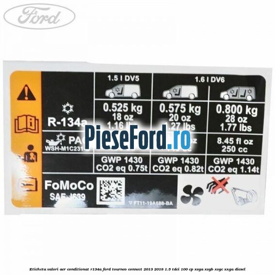 Eticheta valori aer conditionat R134A Ford Tourneo Connect 2013-2018 1.5 TDCi 100 cp XVGA, XVGB, XVGC, XXGA diesel