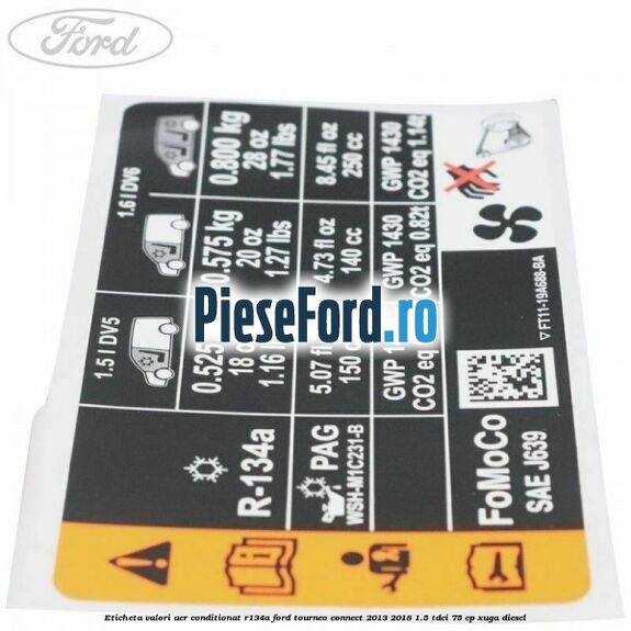 Eticheta valori aer conditionat R134A Ford Tourneo Connect 2013-2018 1.5 TDCi 75 cp XUGA diesel