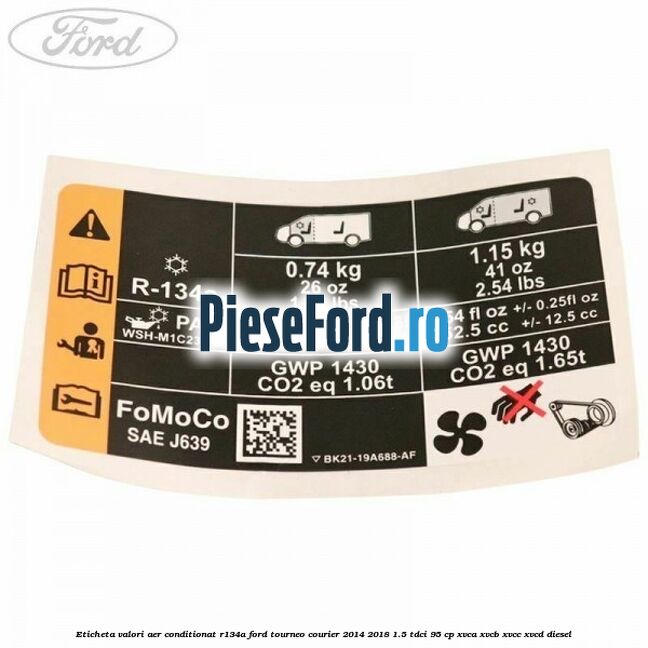Eticheta valori aer conditionat R134A Ford Tourneo Courier 2014-2018 1.5 TDCi 95 cp XVCA, XVCB, XVCC, XVCD diesel