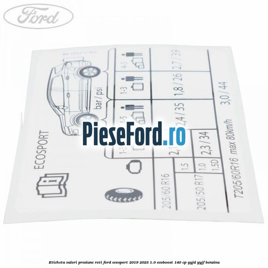 Eticheta valori presiune roti Ford EcoSport 2019-2023 1.0 EcoBoost 140 cp YYJD, YYJF benzina