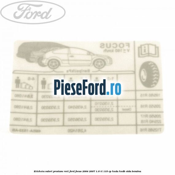 Eticheta valori presiune roti Ford Focus 2004-2007 1.6 Ti 115 cp Eticheta valori presiune roti Ford Focus 2004-2007 1.6 Ti 115 cp HXDA, HXDB, SIDA benzina