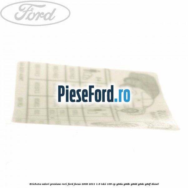 Eticheta valori presiune roti Ford Focus 2008-2011 1.6 TDCi 109 cp G8DA, G8DB, G8DD, G8DE, G8DF diesel