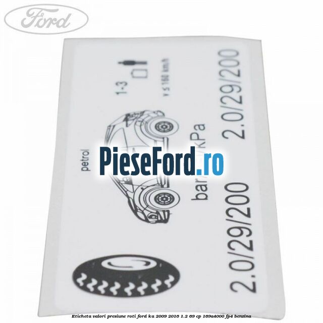 Eticheta valori presiune roti Ford Ka 2009-2016 1.2 69 cp 169A4000, FP4 benzina