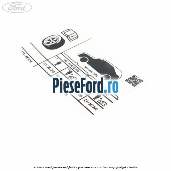 Eticheta valori presiune roti Ford Ka plus 2016-2018 1.2 Ti-VCT 85 cp YSKD, YSKE benzina