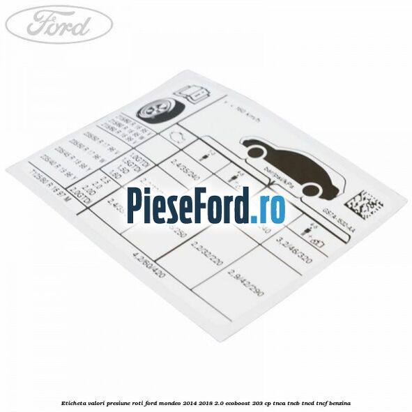 Eticheta valori presiune roti Ford Mondeo 2014-2018 2.0 EcoBoost 203 cp TNCA, TNCB, TNCD, TNCF benzina