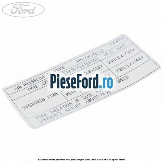 Eticheta valori presiune roti Ford Ranger 2002-2006 2.5 D 4x4 78 cp Eticheta valori presiune roti Ford Ranger 2002-2006 2.5 D 4x4 78 cp WL diesel
