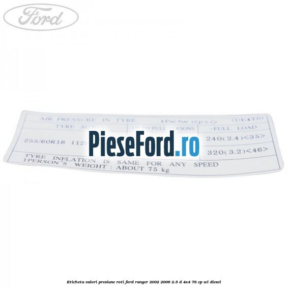 Eticheta valori presiune roti Ford Ranger 2002-2006 2.5 D 4x4 78 cp Eticheta valori presiune roti Ford Ranger 2002-2006 2.5 D 4x4 78 cp WL diesel