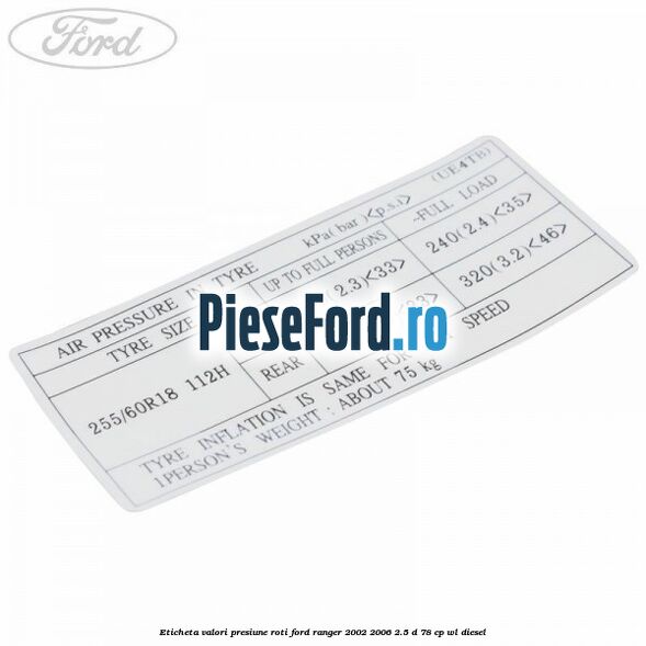 Eticheta valori presiune roti Ford Ranger 2002-2006 2.5 D 78 cp WL diesel