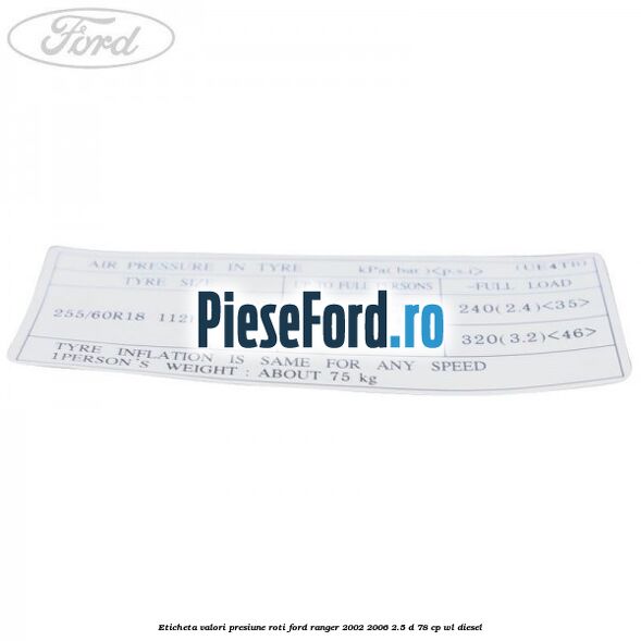 Eticheta valori presiune roti Ford Ranger 2002-2006 2.5 D 78 cp WL diesel