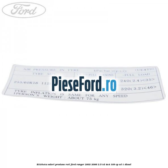 Eticheta valori presiune roti Ford Ranger 2002-2006 2.5 TD 4x4 109 cp Eticheta valori presiune roti Ford Ranger 2002-2006 2.5 TD 4x4 109 cp WL-T diesel