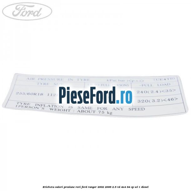 Eticheta valori presiune roti Ford Ranger 2002-2006 2.5 TD 4x4 84 cp WL-T diesel