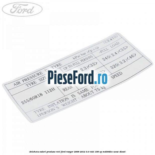 Eticheta valori presiune roti Ford Ranger 2006-2012 3.0 TDCi 156 cp MD30DITC, WEAT diesel