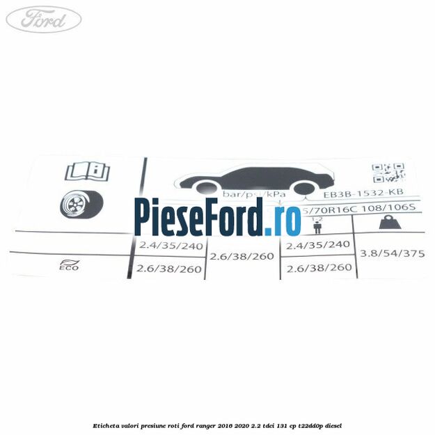 Eticheta valori presiune roti Ford Ranger 2016-2020 2.2 TDCi 131 cp T22DD0P diesel