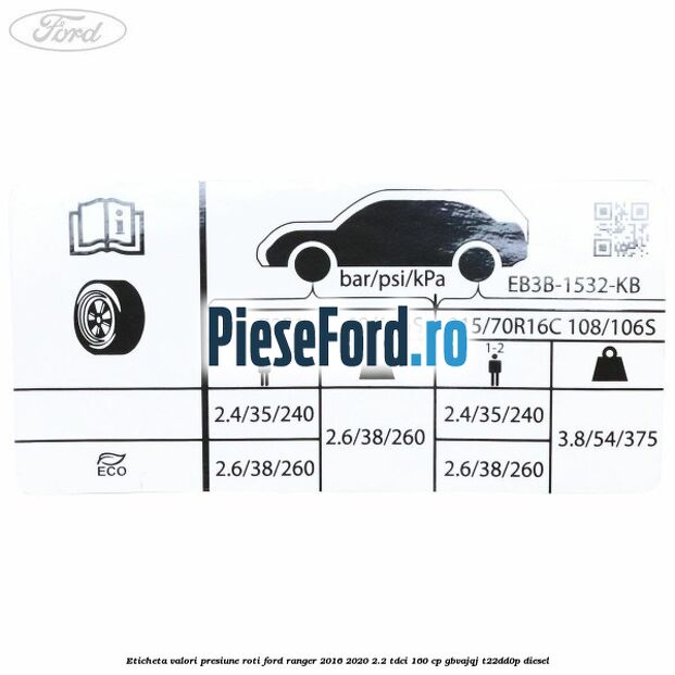 Eticheta valori presiune roti Ford Ranger 2016-2020 2.2 TDCi 160 cp Eticheta valori presiune roti Ford Ranger 2016-2020 2.2 TDCi 160 cp GBVAJQJ, T22DD0P diesel