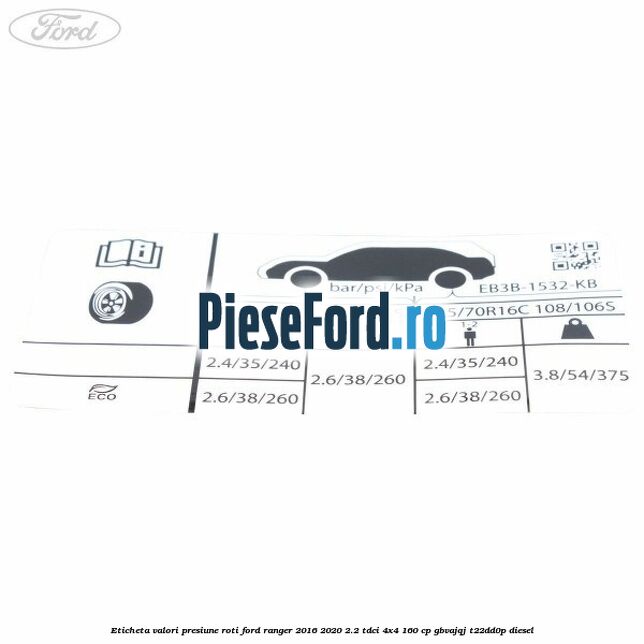 Eticheta valori presiune roti Ford Ranger 2016-2020 2.2 TDCi 4x4 160 cp Eticheta valori presiune roti Ford Ranger 2016-2020 2.2 TDCi 4x4 160 cp GBVAJQJ, T22DD0P diesel