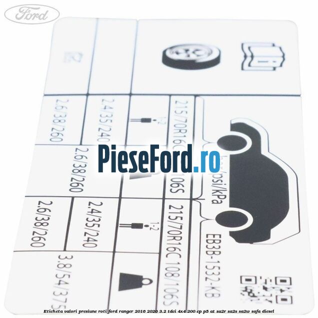 Eticheta valori presiune roti Ford Ranger 2016-2020 3.2 TDCi 4x4 200 cp Eticheta valori presiune roti Ford Ranger 2016-2020 3.2 TDCi 4x4 200 cp P5-AT, SA2R, SA2S, SA2W, SAFA diesel
