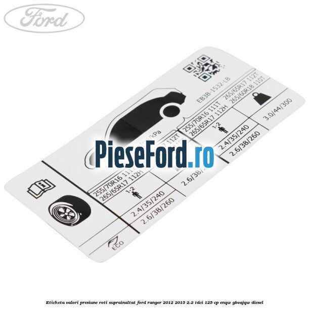Eticheta valori presiune roti suprainaltat Ford Ranger 2012-2015 2.2 TDCi 125 cp ENQW, GBVAJQW diesel