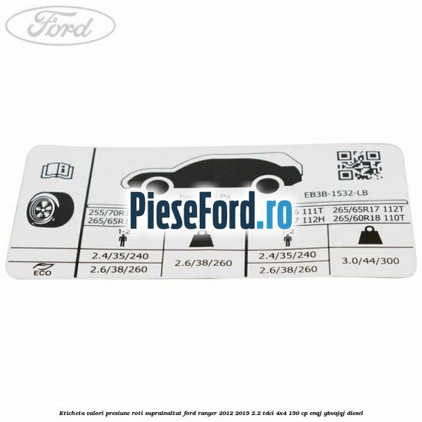 Eticheta valori presiune roti suprainaltat Ford Ranger 2012-2015 2.2 TDCi 4x4 150 cp ENQJ, GBVAJQJ diesel