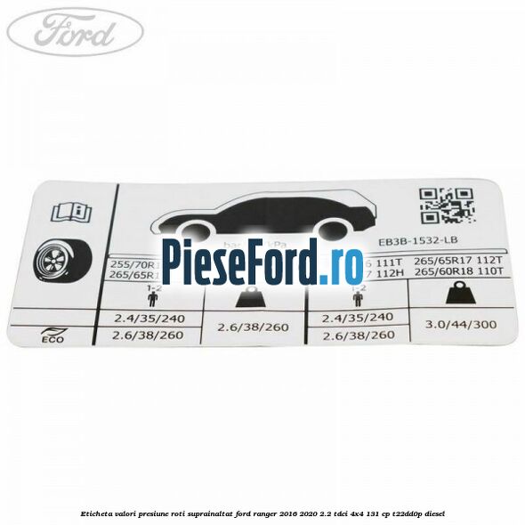 Eticheta valori presiune roti suprainaltat Ford Ranger 2016-2020 2.2 TDCi 4x4 131 cp Eticheta valori presiune roti suprainaltat Ford Ranger 2016-2020 2.2 TDCi 4x4 131 cp T22DD0P diesel