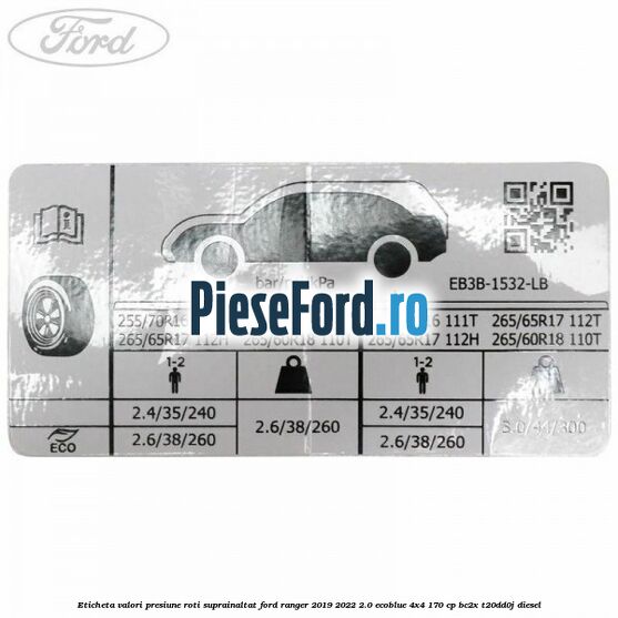 Eticheta valori presiune roti suprainaltat Ford Ranger 2019-2022 2.0 EcoBlue 4x4 170 cp BC2X, T20DD0J diesel