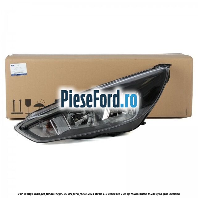Far stanga halogen, fundal negru cu DRL Ford Focus 2014-2018 1.0 EcoBoost 100 cp M2DA, M2DB, M2DC, SFDA, SFDB benzina