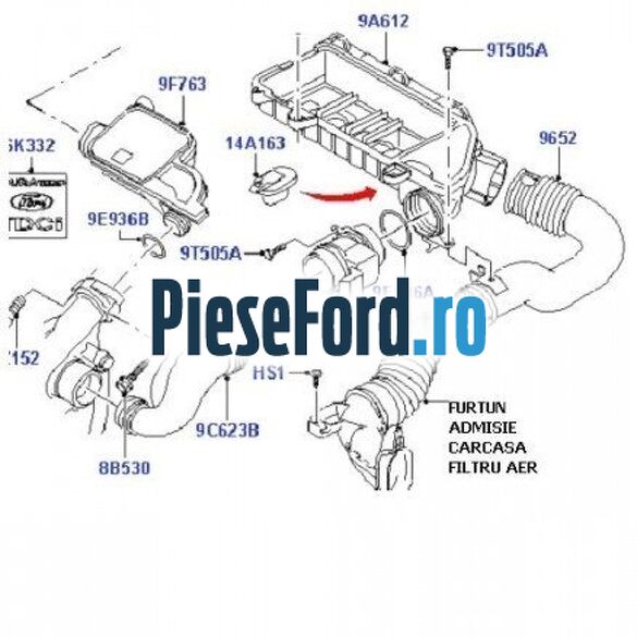 Furtun admisie carcasa filtru aer pe trager Ford Fiesta 2002-2005 1.4 TDCi 68 cp F6JA, F6JB diesel
