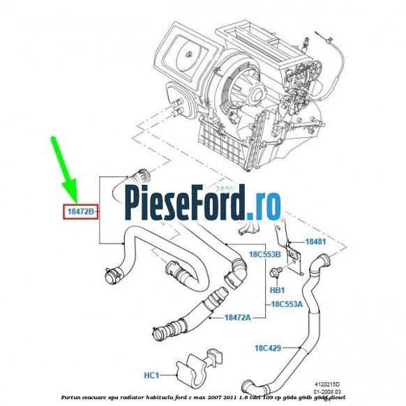 Furtun evacuare apa radiator habitaclu Ford C-Max 2007-2011 1.6 TDCi 109 cp G8DA, G8DB, G8DD diesel