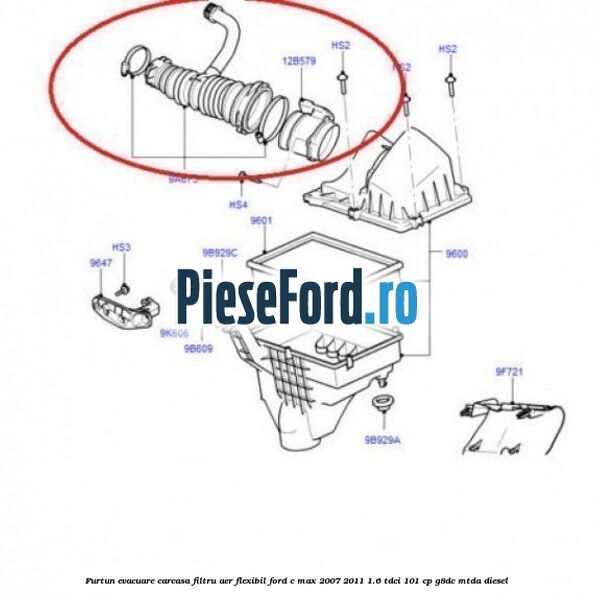Furtun evacuare carcasa filtru aer, flexibil Ford C-Max 2007-2011 1.6 TDCi 101 cp G8DC, MTDA diesel