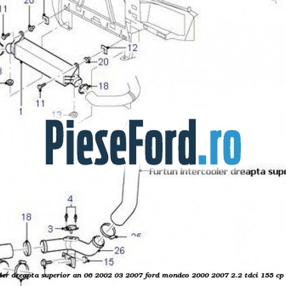 Furtun intercooler dreapta superior an 06/2002-03/2007 Ford Mondeo 2000-2007 2.2 TDCi 155 cp QJBA, QJBB diesel