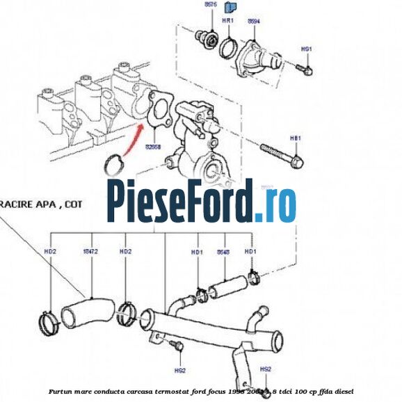 Furtun mare, conducta carcasa termostat Ford Focus 1998-2004 1.8 TDCi 100 cp Furtun mare, conducta carcasa termostat Ford Focus 1998-2004 1.8 TDCi 100 cp FFDA diesel