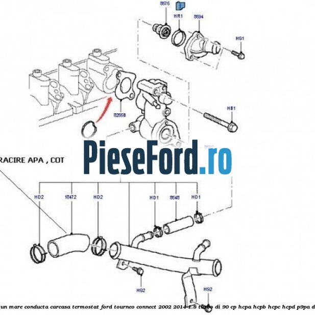 Furtun mare, conducta carcasa termostat Ford Tourneo Connect 2002-2014 1.8 Turbo Di 90 cp HCPA, HCPB, HCPC, HCPD, P9PA diesel