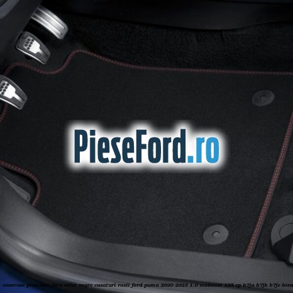 Set covorase premium fata velur negre, cusaturi rosii Ford Puma 2020-2023 1.0 EcoBoost 125 cp B7JA, B7JB, B7JE benzina