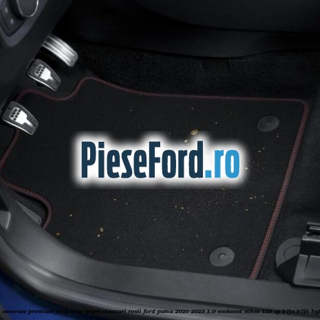 Set covorase premium fata velur negre, cusaturi rosii Ford Puma 2020-2023 1.0 EcoBoost mHEV 125 cp B7JA, B7JB Hybrid