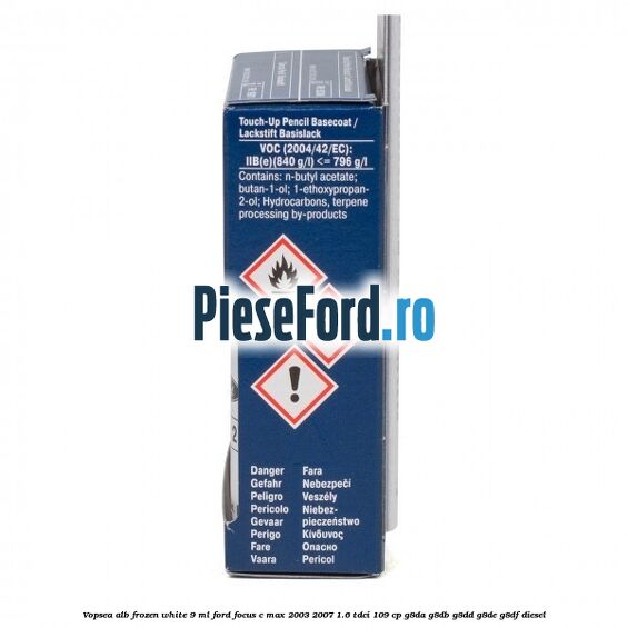 Vopsea alb Frozen White, 9 ml Ford Focus C-Max 2003-2007 1.6 TDCi 109 cp G8DA, G8DB, G8DD, G8DE, G8DF diesel